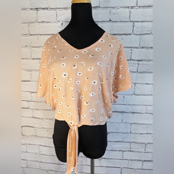 ANTHROPOLOGIE SIM & SAM Oversized Tie front Daisy Flower V-neck Blouse Crop Top - Picture 6 of 11